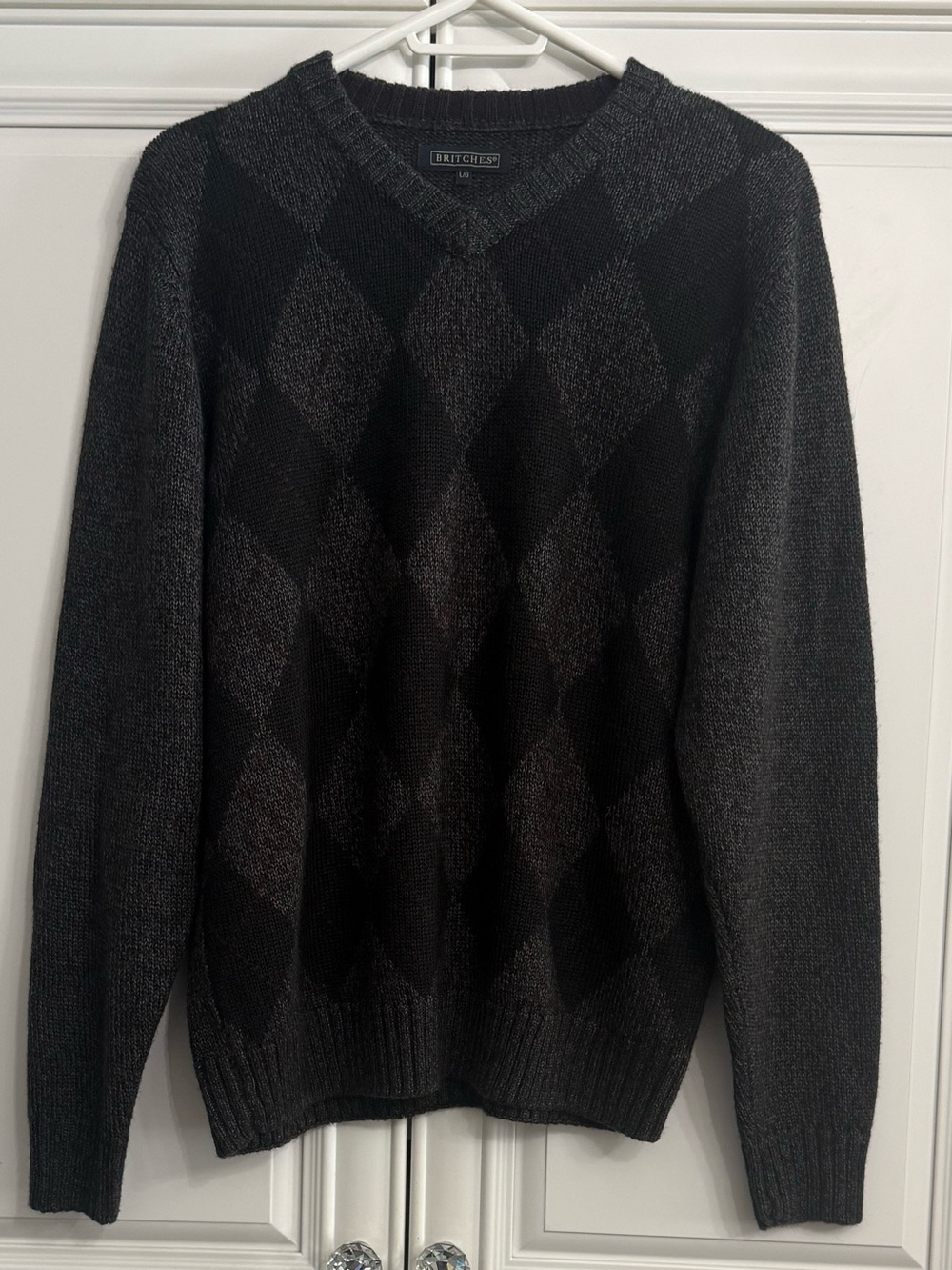 VTG Britches Men's Wool Blend Charcoal/Black Argyle V-Neck Sweater Size Large
